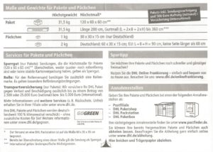 DHL -Pakete und P?cken-Gewichte und Masse